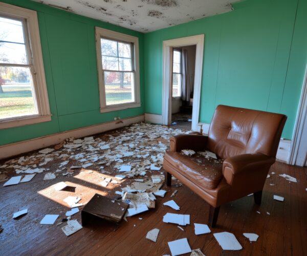 An image depicting the interior of a derelict building. The room is characterized by teal walls, sunlight streaming through windows, and a brown leather armchair positioned in the center. The floor is covered in scattered debris, suggesting neglect or decay. The overall atmosphere conveys age, abandonment, and a sense of time passed.  This image can be used for editorial purposes to illustrate themes of decay, abandonment, or historical decline. It could also serve as a background texture or for commercial uses needing a vintage aesthetic.